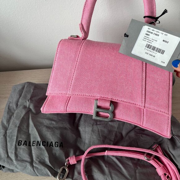NWT Balenciaga Hourglass Top Handle Hand Bag + Shoulder Bag Pink Washed Denim - Picture 3 of 7